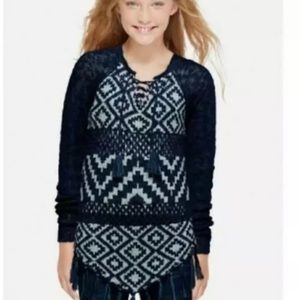 NEW JUSTICE Aztec fringe knit sweater Navy NWOT